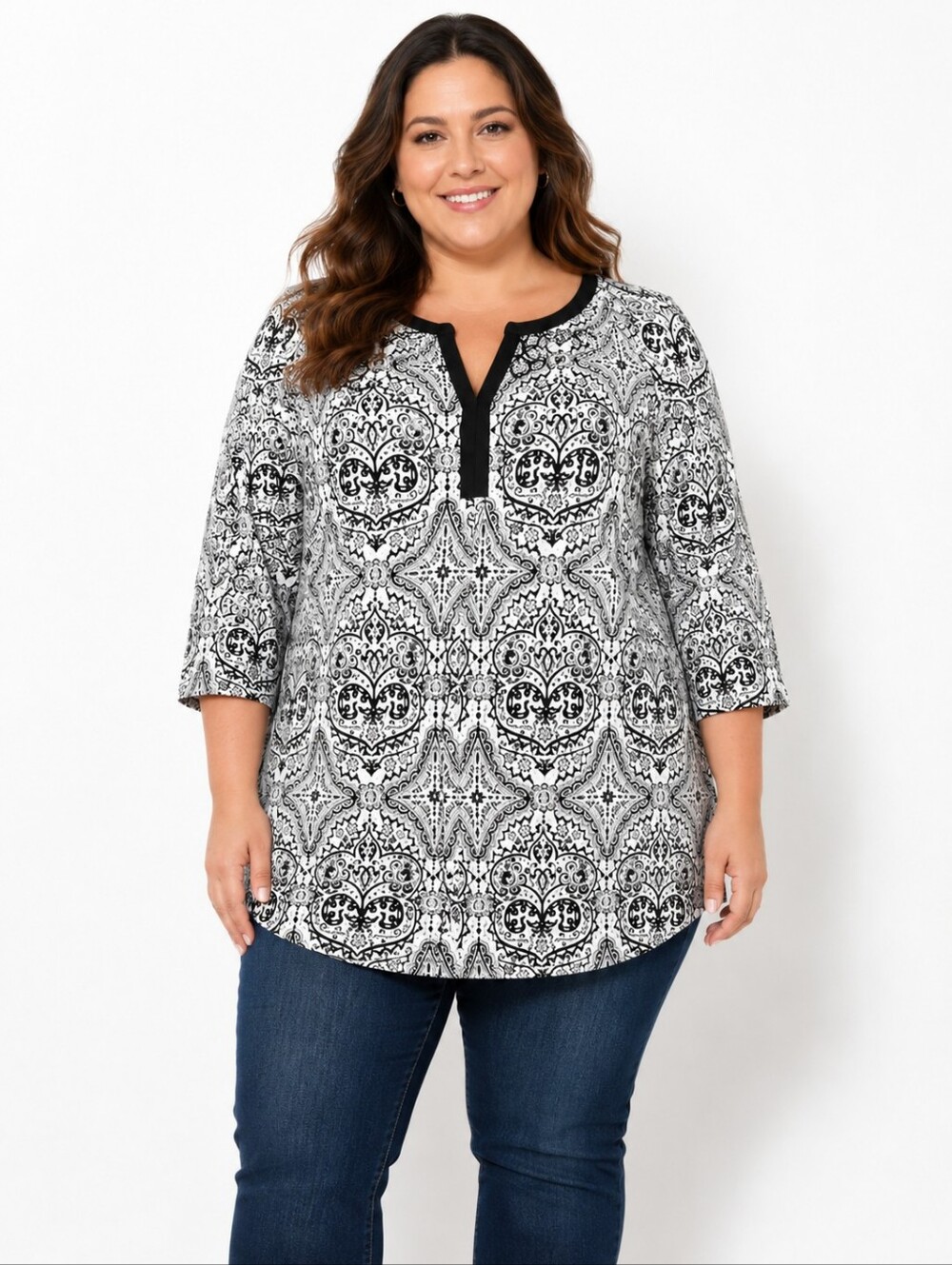 Coral Bay White Black Floral Split Neck Blouse Size 1X
